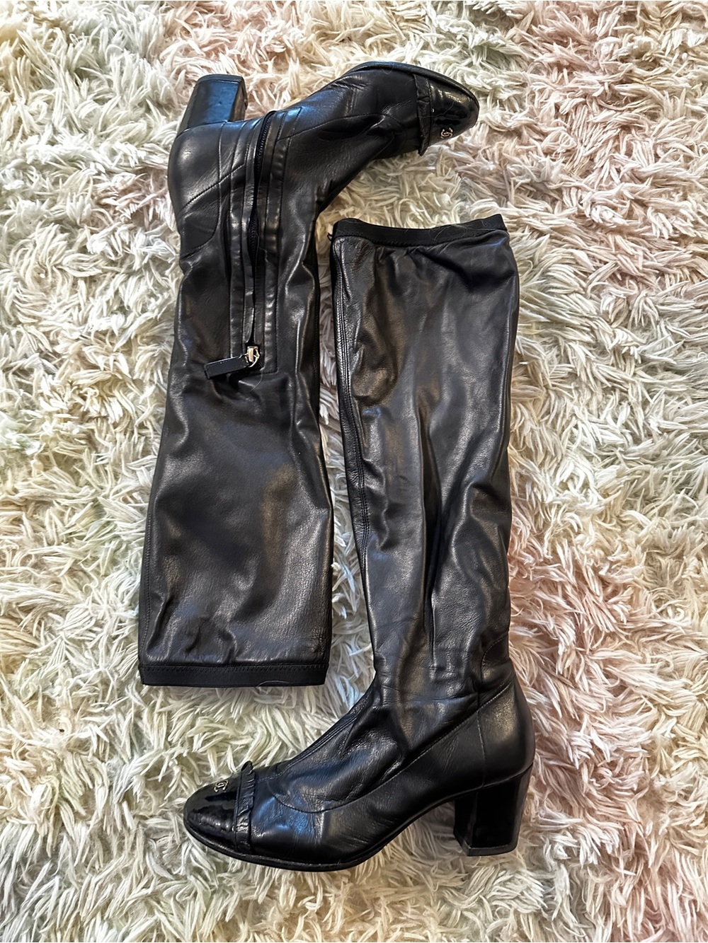 Chanel Knee High Cap Toe Ruffle CC Boots Size 36.5 - Picture 4 of 13